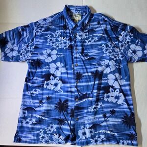 Big Dogs Men's Large Blue Tropical Hawaiian Button Down Shirt Palm Trees